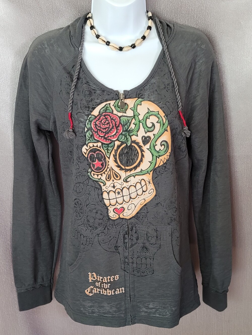 Dark Gray Women's Skull Hoodie Sweater with Floral Accent